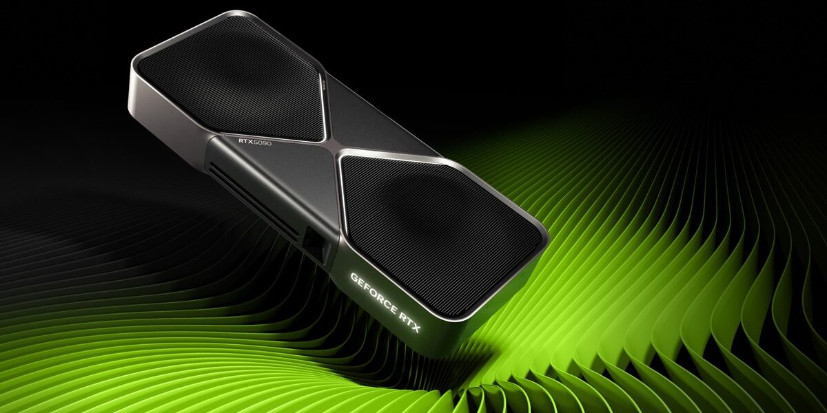 Nvidia'nın resmi GeForce RTX 5090 Founders Edition görseli: yeşil dalgalı zemin üzerinde siyah ekran kartı
