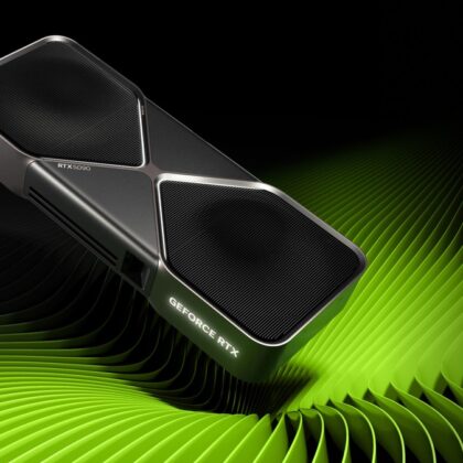 Nvidia'nın resmi GeForce RTX 5090 Founders Edition görseli: yeşil dalgalı zemin üzerinde siyah ekran kartı