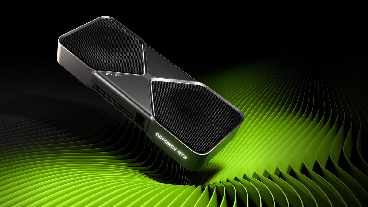Nvidia'nın resmi GeForce RTX 5090 Founders Edition görseli: yeşil dalgalı zemin üzerinde siyah ekran kartı
