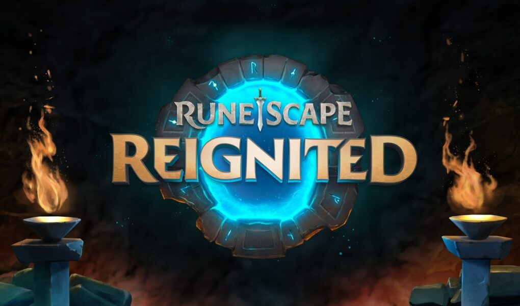 RuneScape Reignited logosunun meşaleler arasında parlayan bir portal üzerinde yer aldığı resmi Jagex görseli