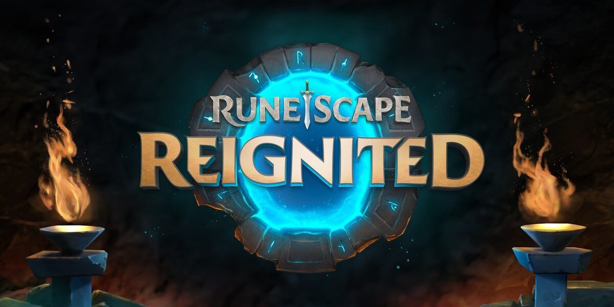 RuneScape Reignited logosunun meşaleler arasında parlayan bir portal üzerinde yer aldığı resmi Jagex görseli