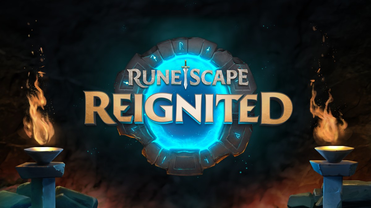 RuneScape Reignited logosunun meşaleler arasında parlayan bir portal üzerinde yer aldığı resmi Jagex görseli