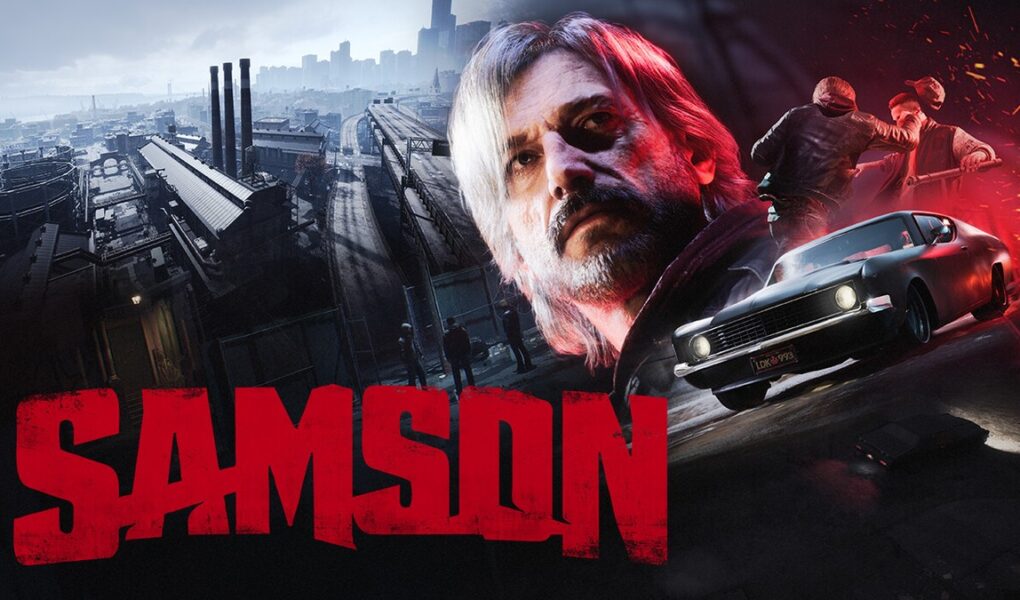 Samson oyununun resmi Liquid Swords görseli: kırmızı logo, ana karakter Samson ve endüstriyel şehir önünde klasik bir otomobil
