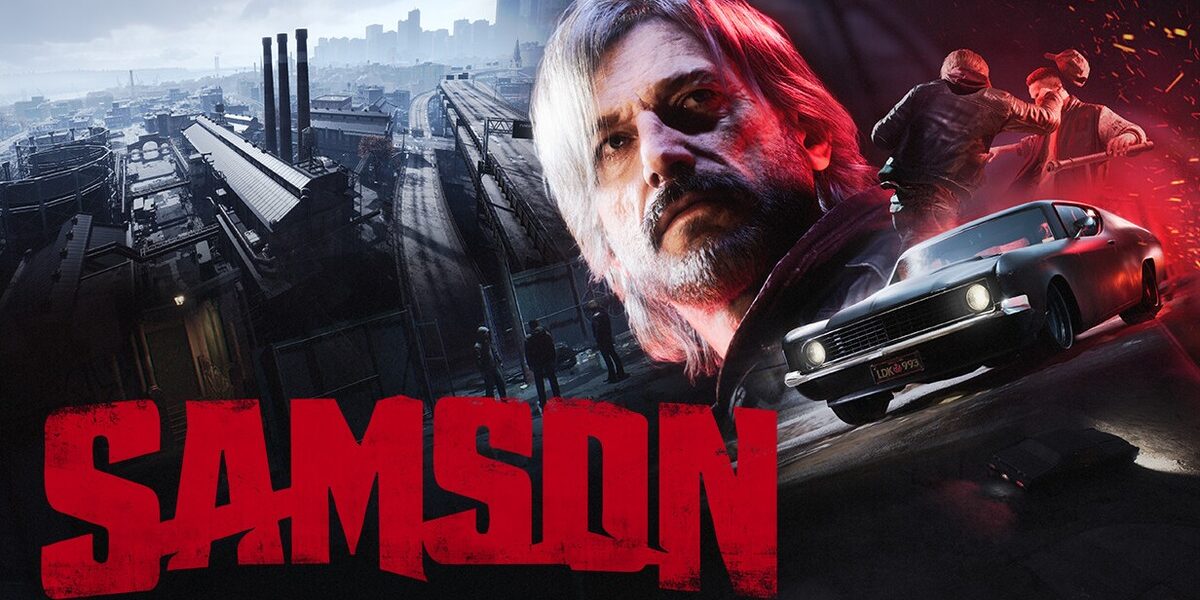 Samson oyununun resmi Liquid Swords görseli: kırmızı logo, ana karakter Samson ve endüstriyel şehir önünde klasik bir otomobil