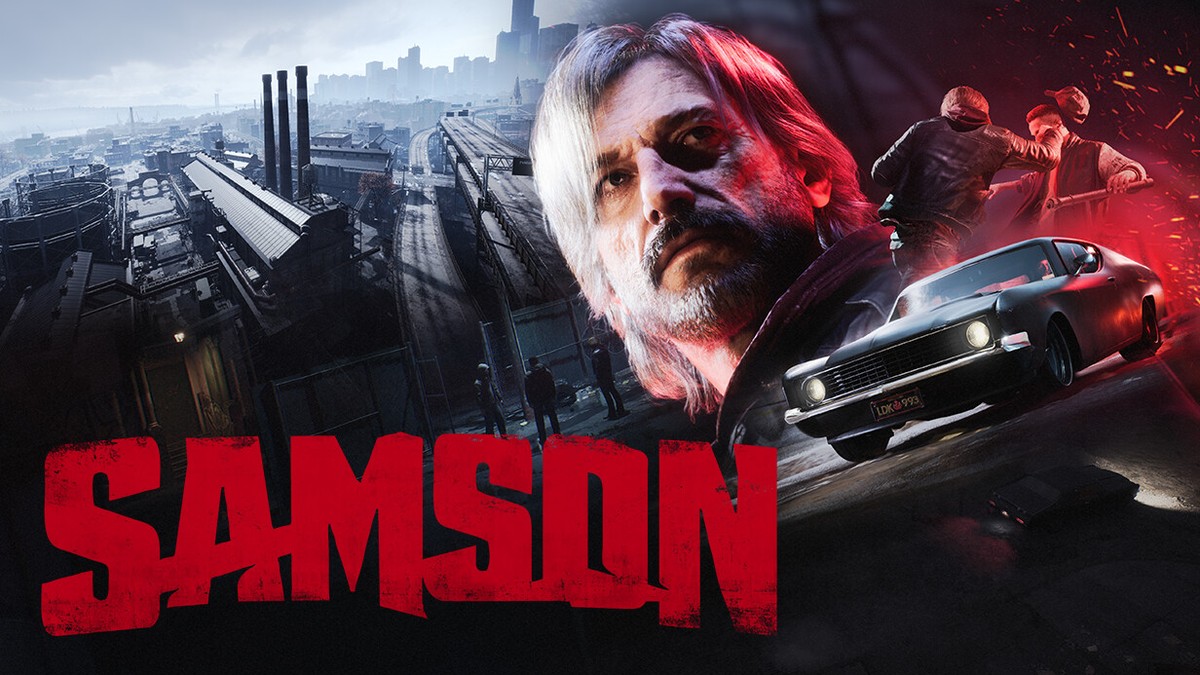 Samson oyununun resmi Liquid Swords görseli: kırmızı logo, ana karakter Samson ve endüstriyel şehir önünde klasik bir otomobil