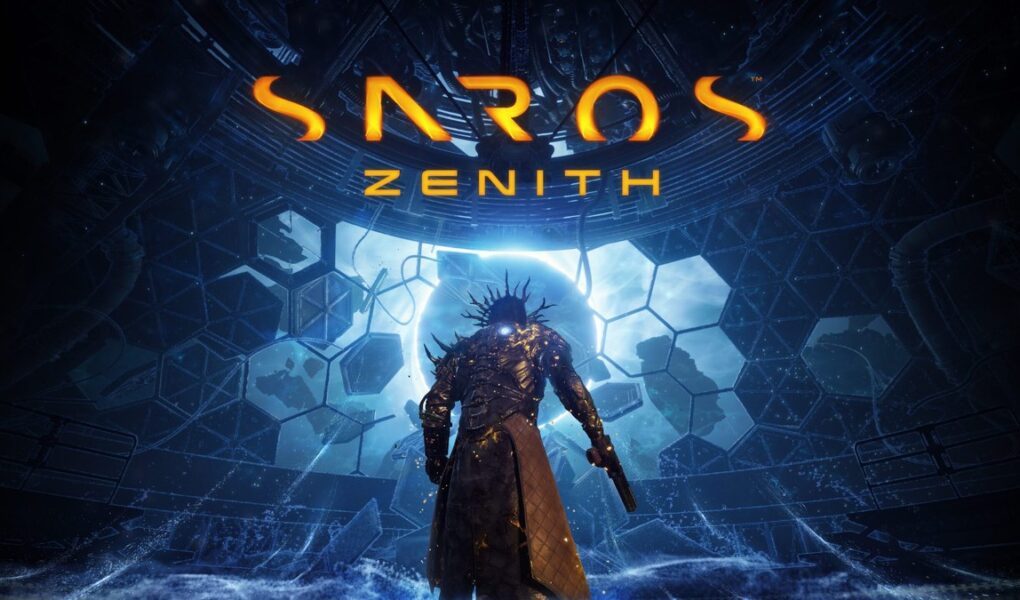 Saros Zenith güncellemesinin resmi görseli: altıgen desenli mavi bir portalın önünde duran zırhlı Arjun ve üstte Saros Zenith logosu
