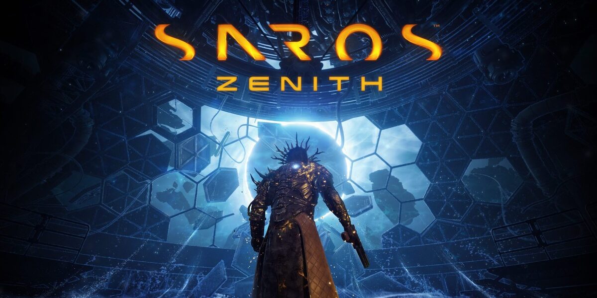 Saros Zenith güncellemesinin resmi görseli: altıgen desenli mavi bir portalın önünde duran zırhlı Arjun ve üstte Saros Zenith logosu
