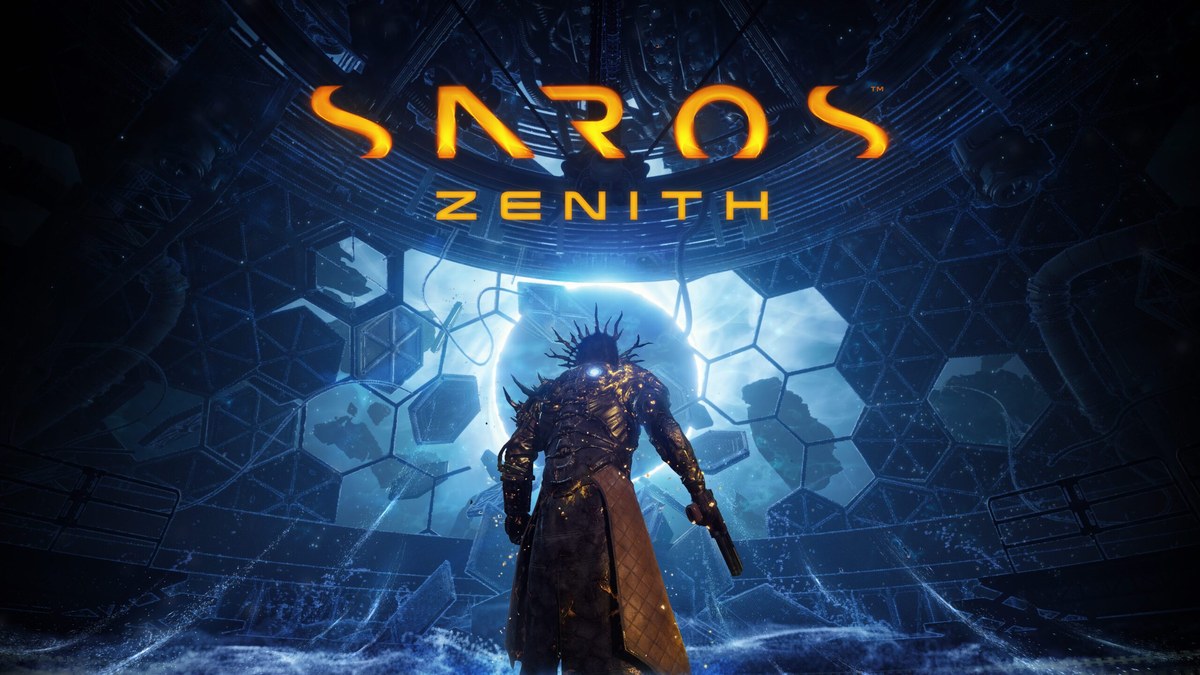 Saros Zenith güncellemesinin resmi görseli: altıgen desenli mavi bir portalın önünde duran zırhlı Arjun ve üstte Saros Zenith logosu