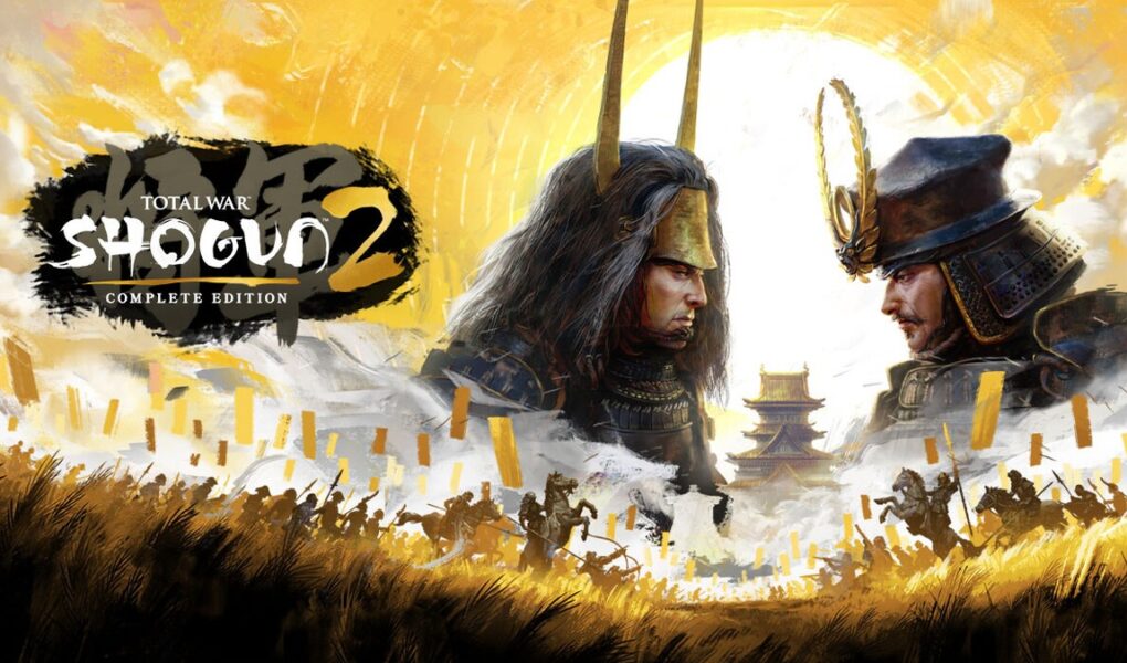 Total War: Shogun 2 Complete Edition'ın resmi Steam görseli: altın gökyüzü önünde iki samuray komutanı ve oyun logosu