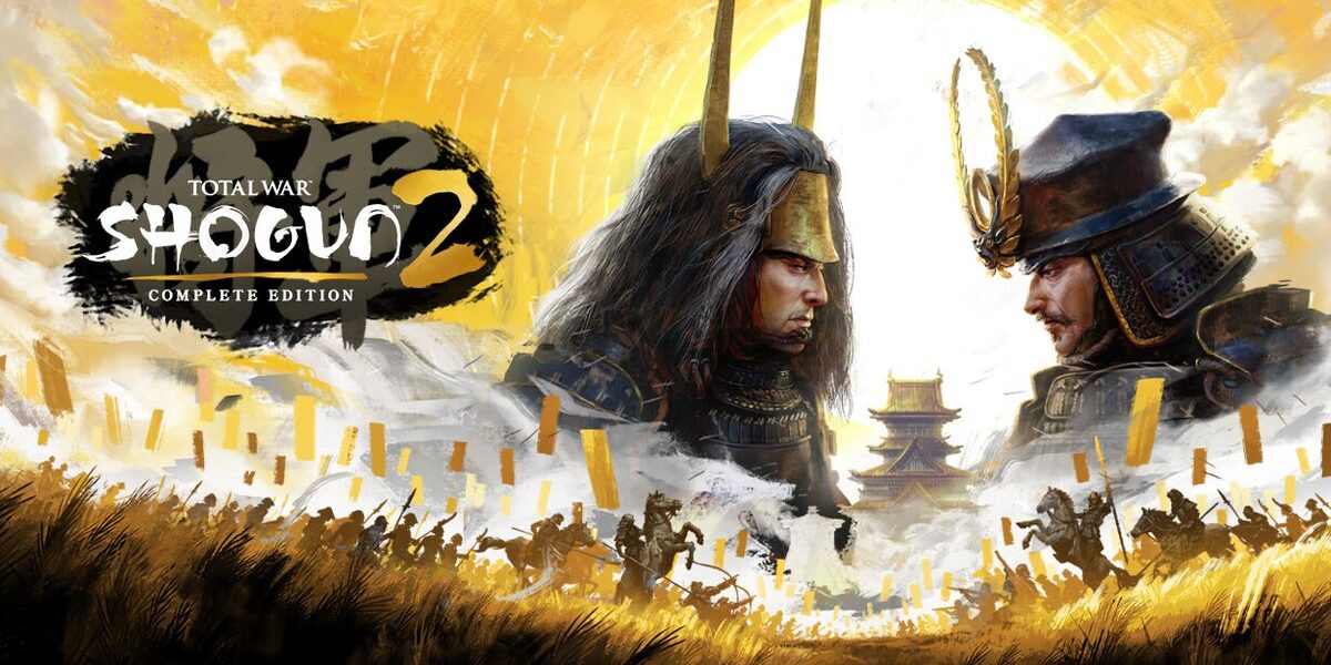 Total War: Shogun 2 Complete Edition'ın resmi Steam görseli: altın gökyüzü önünde iki samuray komutanı ve oyun logosu