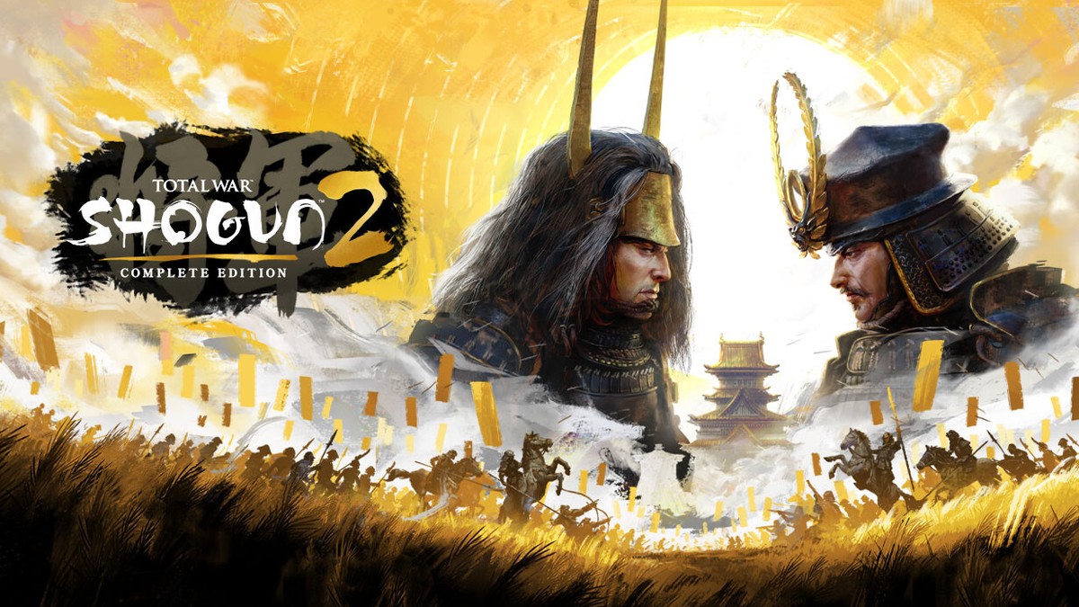 Total War: Shogun 2 Complete Edition'ın resmi Steam görseli: altın gökyüzü önünde iki samuray komutanı ve oyun logosu