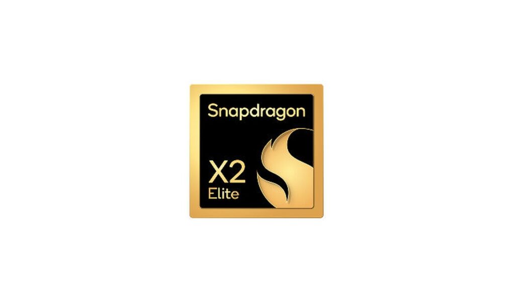Qualcomm'un resmi Snapdragon X2 Elite işlemci rozeti: siyah zemin üzerinde altın renkli Snapdragon logosu