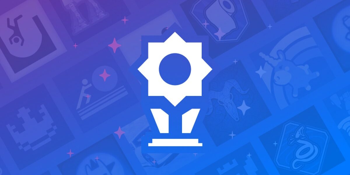 Steam Başarım Setleri özelliğinin resmi Valve tanıtım görseli: mavi zemin üzerinde başarım kupası simgesi