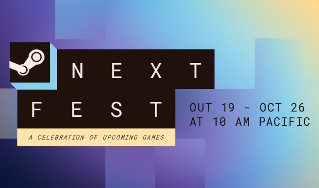 Steam Next Fest Ekim 2026 etkinliğinin resmi tanıtım görseli: mor ve mavi tonlu arka planda Steam logosu ve Next Fest yazısı