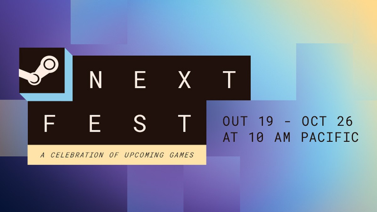 Steam Next Fest Ekim 2026 etkinliğinin resmi tanıtım görseli: mor ve mavi tonlu arka planda Steam logosu ve Next Fest yazısı