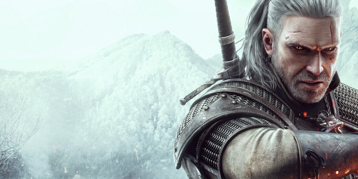 The Witcher 3: Wild Hunt'ın resmi görseli: karlı dağların önünde kılıcını tutan beyaz saçlı Geralt