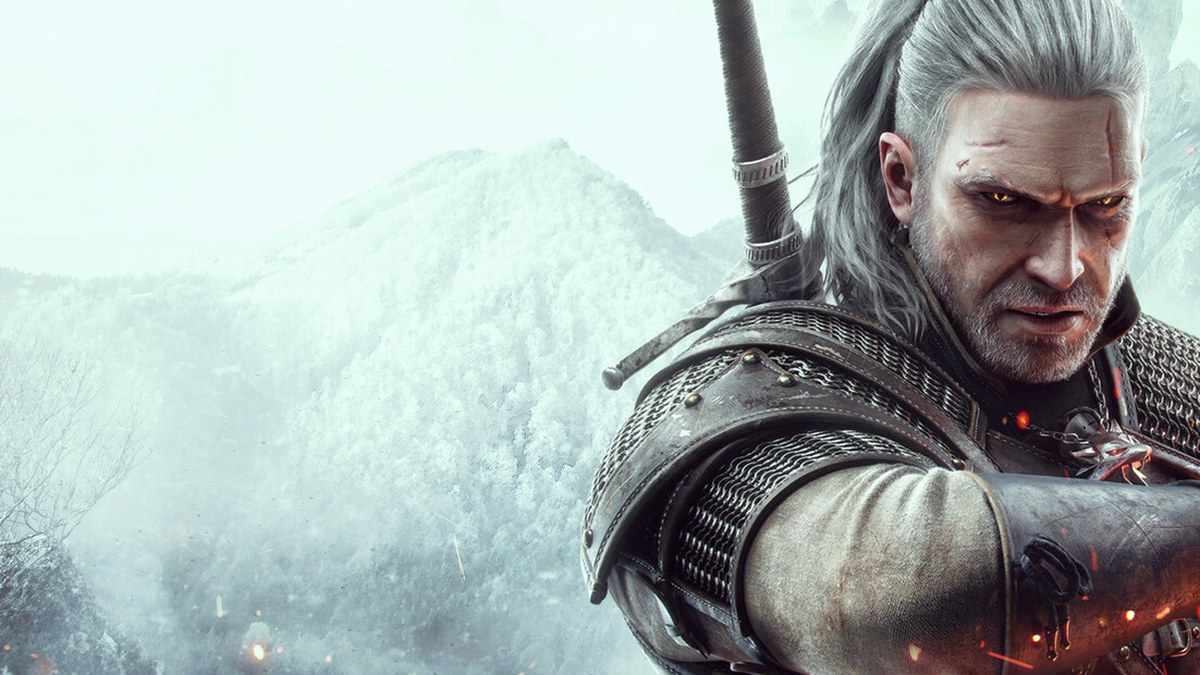 The Witcher 3: Wild Hunt'ın resmi görseli: karlı dağların önünde kılıcını tutan beyaz saçlı Geralt