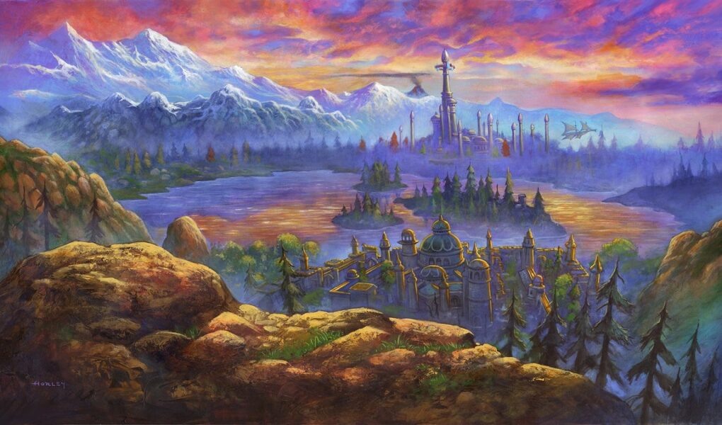 Blizzard'ın World of Warcraft: Forever için yayınladığı resmi görsel: gün batımında karlı dağların önünde uzanan Azeroth manzarası