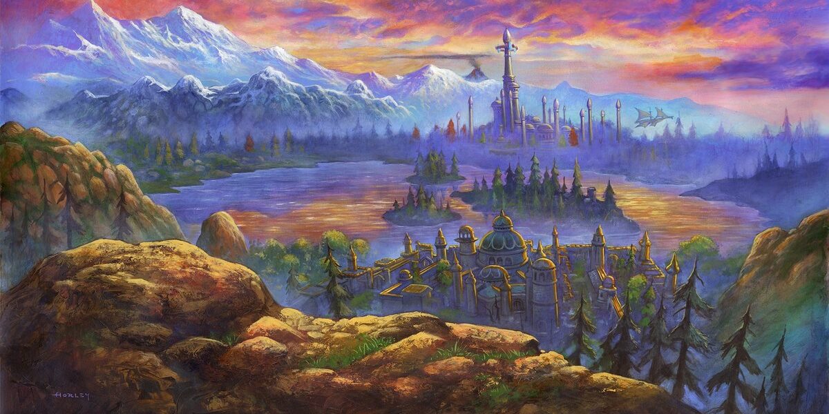 Blizzard'ın World of Warcraft: Forever için yayınladığı resmi görsel: gün batımında karlı dağların önünde uzanan Azeroth manzarası