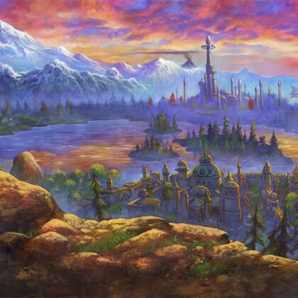Blizzard'ın World of Warcraft: Forever için yayınladığı resmi görsel: gün batımında karlı dağların önünde uzanan Azeroth manzarası