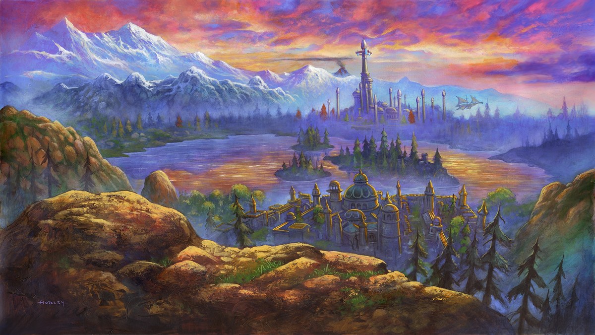 Blizzard'ın World of Warcraft: Forever için yayınladığı resmi görsel: gün batımında karlı dağların önünde uzanan Azeroth manzarası